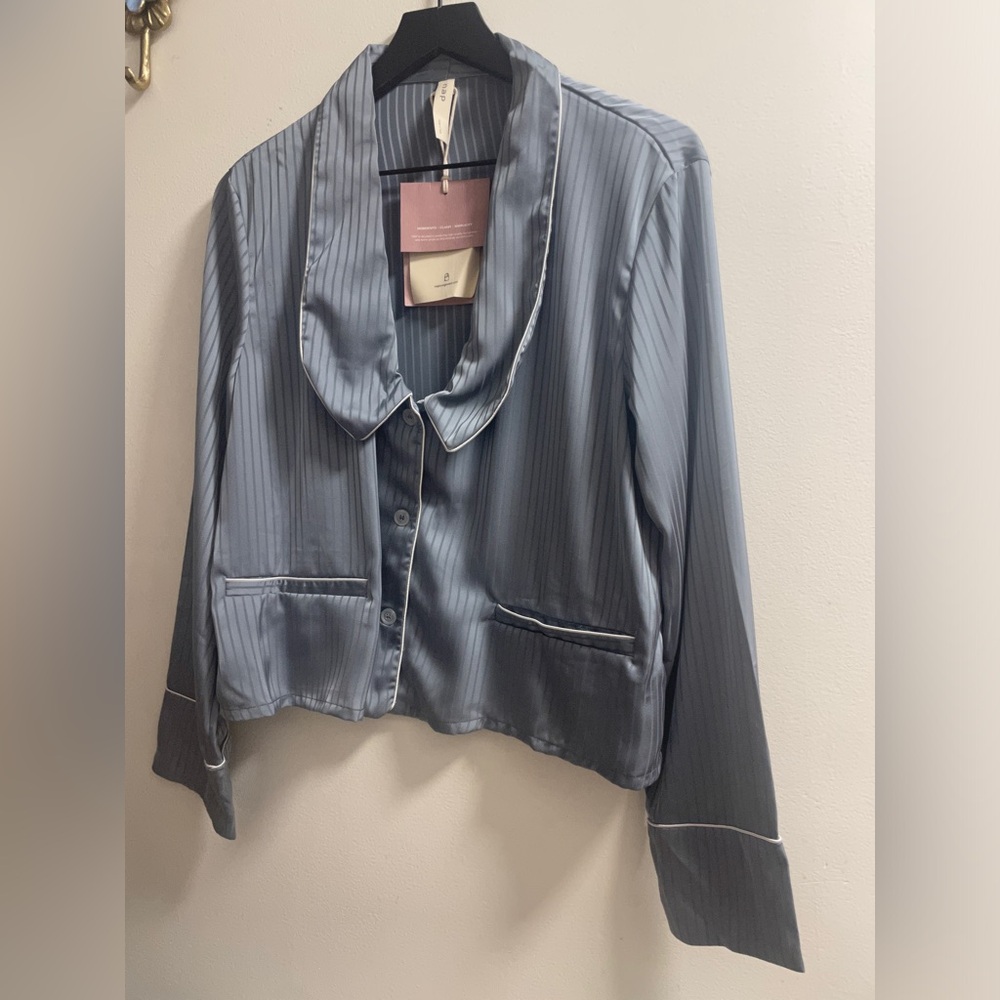 NAP Satin Pinstripe Cropped Pajama Jacket - Steel Blue